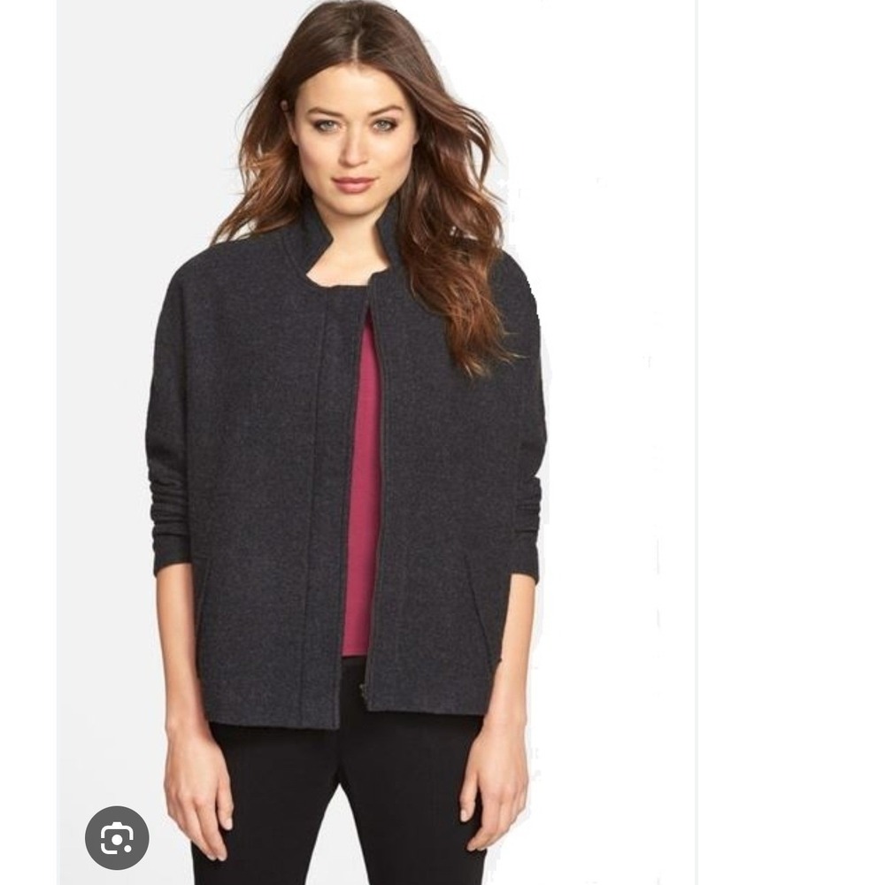 EILEEN FISHER Charcoal Gray boiled Wool Collarless Zipper Front Jacket XS luxury